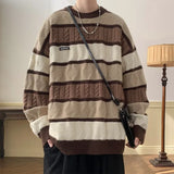 Riolio Japanese Style Vintage Color Blocking Cable Knit Striped Round Neck Sweater For Men And Women Winter Warm Preppy Thickened Knit