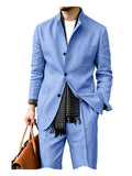 Riolio  Men's Linen Blend 2 Piece Suit Set Stand Collar Three Button Breathable Casual Blazer Pants For Business Daily Wear Summer