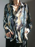 Riolio  Men Trendy Vintage Shirt Hong Kong Style Silk Satin Floral Loose Long Sleeve Rebellious Cool Smooth Drape Printed Oil Painting