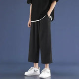 Riolio  Men Summer Thin Ice Silk Sports and Casual Straight Loose Wide-leg Cropped Pants