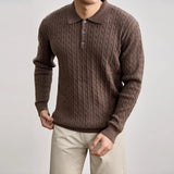 Riolio  Men Vintage Cable Twist Textured Knit Long Sleeve Polo Shirts Lapel Collar 3 Buttons Soft Skin Friendly Cotton Business Tops