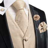 Riolio High Quality Silk Mens Vests Champagne Paisley Waistcoat Neck Tie Hanky Cufflinks Brooch Set for Men Suit Wedding Office