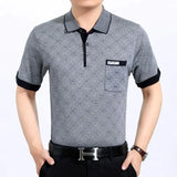 Riolio  Summer Middle-aged Elderly Men's Trend Lapel Button Printed Geometric Striped Pullover Casual Loose Short Sleeved T-shirts Tops