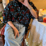 Riolio  Mid-length Large Size Loose Couple Retro Rose Full-print Floral Shirt Short Sleeve Style