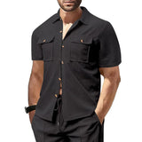 Riolio  Summer European and American cross-border men's waffle short-sleeved casual solid color lapel button-up pocket versatile shirt