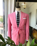 Riolio  Men's Suit 2 Pieces Blazer Pants Peaked Lapel One Button With Belt Pink Groom Appliques Beads Diamonds Tailored Costume Homme