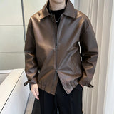 Riolio  New Autumn Men's Casual Textured PU Jacket High Street Zip-up Turn-down Collar Solid Color Long Sleeve Retro Coats M-3XL