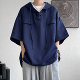 Riolio  5 Colors Summer Hooded T shirt Men Korean Half Sleeve Pullover Streetwear Loose T-shirt Tops Drawstring Men Clothing
