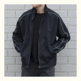 Riolio Jackets Men Autumn Pockets Casual Patchwork Loose Windbreaker Stripe Zipper Stand Collar Waterproof Outdoor Sports Bomber Jacket