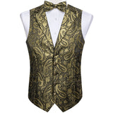 Riolio Luxury Black Paisley Silk Suit Vest for Men Bow Tie Handkerchief Cufflinks Wedding Party Formal Tuxedo Waistcoat