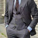 Riolio  3 Pieces Grey Stripe Design Men Suits Peaked Lapel Formal Business Man Blazer  Groom Tuxedo Classic Fit Male Outfit