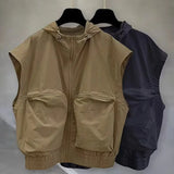 Riolio  Summer Men's Hooded Sleeveless Vest Korean Style Waistcoat Oversized Workwear Trendy Solid Loose Tank Top for Unisex Cargo Vests