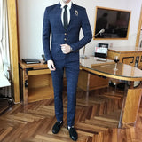 Riolio  ( Jacket Pants ) High-end Brand Casual Business Mens Slim Suit Plaid Groom Wedding Dress Male Formal Stand Collar Suits 2pcs Set