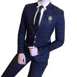 Riolio  ( Jacket Pants ) High-end Brand Casual Business Mens Slim Suit Plaid Groom Wedding Dress Male Formal Stand Collar Suits 2pcs Set