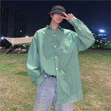 Riolio Striped Loose Causal Long Sleeve Shirts Man Button Handsome Turn-down Collar Spring Autumn Office Men's Clothing Green