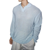 Riolio  Spring Fall Daily Casual Breathable Polo Shirt Men's Vintage Lapel Buttoned Knit Polo Shirts Fashion Striped Textured Mens Tops
