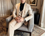 Riolio  New 3 Pieces Champagne Jacquard Men's Suit Formal Shawl Lapel Slim Fit Groom Tuxedos Best Man Blazer Set For Wedding Party Prom