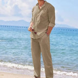 Riolio Mens Casual Linen Two Piece Sets Europe Style Vintage Basic Tops and Solid Pants Suit Male Beach Tracksuits Set