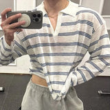 Riolio New Japanese Striped Male Polo Shirt Trendy Loose V Neck Knitted Long Sleeve T-shirt Casual Lazy Sports Fitness Basic Tops M-3XL