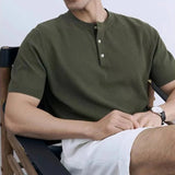 Riolio New Fashion American Style Men T-shirt Luxury Striped Knitted Henry Collar Tees Casual Solid Color Short Sleeve Breathable Tops