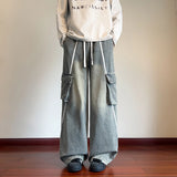 Riolio  Cargo Jeans Men Street Dance Loose Trousers Youth Trend Elastic Waist Pants Straps Decoration Big Pockets Workwear Hip Hop