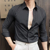 Riolio  Men Striped Shirt Spring Summer Slim Fit Casual Non Iron Long Sleeve Business