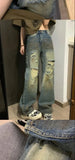 Riolio  Summer hip-hop trend personality destruction straight leg men and women washed jeans American couple loose retro casual pants