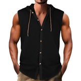Riolio  Summer Men Casual 100% Cotton Shirts Turn-down Collar Male Solid Color Sleeveless Loose Drawstring Hoodie Shirts For Men's Tops