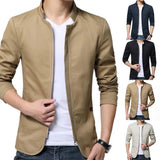 Riolio Casual Men Blazer Spring Autumn Stylish Business Casual Jacket Solid Color Stand Collar Zipper Pockets Thin Slim Blazer Coat