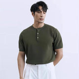 Riolio New Fashion American Style Men T-shirt Luxury Striped Knitted Henry Collar Tees Casual Solid Color Short Sleeve Breathable Tops