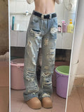 Riolio Summer American men and women street personality straight tube destructive jeans for couples loose retro washed casual pants y2k
