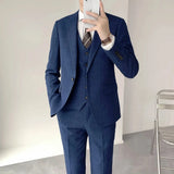 Riolio  New Men's Stylish Plaid Suit Three-Piece Set Dark Grid Pattern Smooth Western-Style Clothes Casual Scenario Chinese Origin