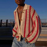 Riolio  Fashion Stitching Contrast Knitted Cardigan Men's Lapel Collar Niche Design Retro Sweater Unisex Coat Versatile Striped Knitwear