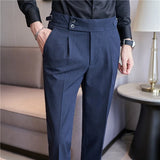 Riolio Spring Autumn Men High Waist Belt Design Casual Slim Formal Dress Pant Men Social Office Wedding Party Dress Suit Pants