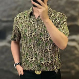 Riolio  Summer Boyfriend Spliced Square Collar Button Printed Fashion Minimalist Comfortable Casual Versatile Short Sleeve Shirt
