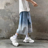 Riolio  High Street Trendy Gradient Jeans Men Summer Thin Elastic Waist Drawstring Pockets Loose Casual Denim Wide Leg Calf Length Pants