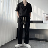 Riolio Japanese street fashion men Summer Pleated Sets Men Fashion Casual Short Sleeved T shirt/Trousers Two-piece Mens Korean Loose Ice Silk Sets Men 3-color