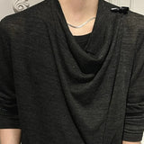 Riolio  Mens Drape Cowl Neck Asymmetric Layered Top Shoulder Buckle Slim Summer Streetwear Fashion Vintage Youth Long Sleeve  T Shirt