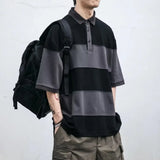 Riolio New Summer Polo Shirt Color Blocking Collar Short Sleeves Casual Pocket Top Loose Fit Hong Kong Style