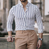 Riolio  Vintage Long Sleeve Striped Shirts Mens Spring Casual Turn-down Collar Button-up Shirt Fashionable Men Slim Fit Cardigans