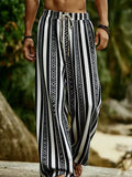 Riolio  Vacation Men Striped Beach Pants Bohemian Geometric Pattern Drawstring Loose Wide Leg Trousers Summer Casual Resort Wear