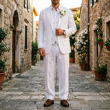 Riolio  Men Suits 3 Pieces Beige Linen For Summer Wedding Tuxedo Slim Fit V Neck Vest Formal Suit With Flap Pockets For Party Occasion
