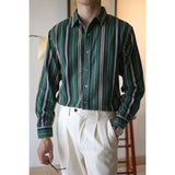 Riolio  Men's Square Collar Patchwork Striped Shirts for Spring and Autumn Fashion England Long Sleeve Loose Cardigan Button Casual Tops