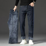 Riolio  Winter Fleece Warm Men's Jeans Straight Stretch Classic Business Casual Thicken Denim Trousers Washed Fashion Velvet Male Pants