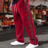 Riolio  Vintage Side Button Striped Patchwork Pants Mens Trendy Drawstring Loose Straight Trousers Men Spring Autumn Casual Pants