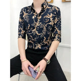 Riolio  Summer Floral Shirt Men's Short sleeved Slim Korean Style Trendy Mid sleeved Hairstylist Seven-quarter Sleeves