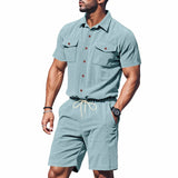 Riolio  Men's Summer Suit Amazon Corduroy Solid Pocket Shirt Short Sleeve Shorts Suit