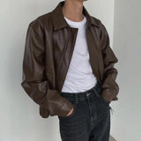 Riolio  Mens Autumn And Winter Retro Leather Casual Loose Short Leather Jacket Men'S Handsome And Elegant British Jacket Tops