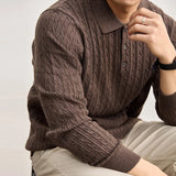 Riolio  Men Vintage Cable Twist Textured Knit Long Sleeve Polo Shirts Lapel Collar 3 Buttons Soft Skin Friendly Cotton Business Tops