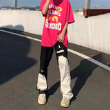 Riolio  Mens Jeans Y2k Black White Irregular Stitching Ripped Jeans Streetwear Hip-Hop Casual Slim Straight Pants Men'S Clothing